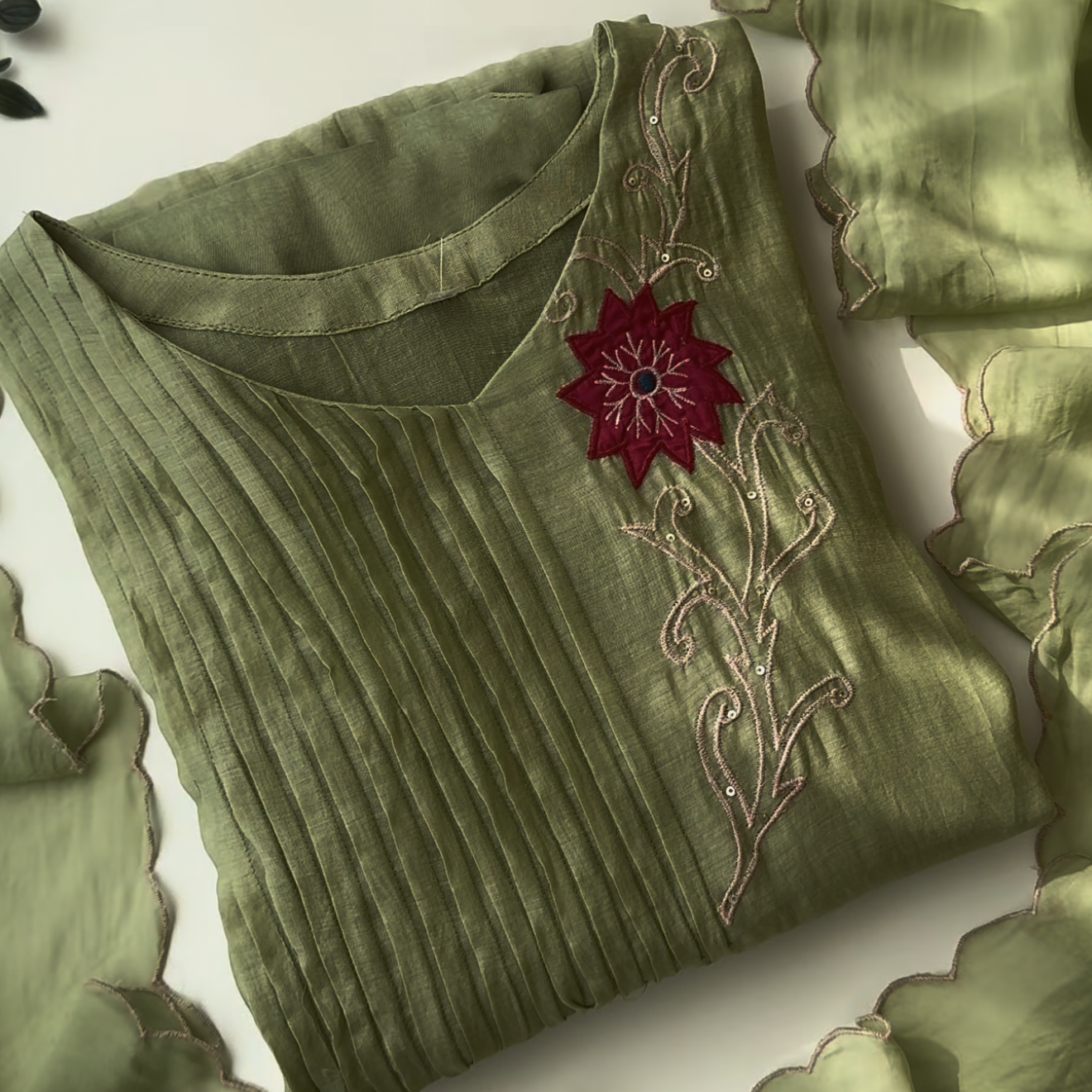 Olive Green cotton Embroidered Salwar Suit  Dress Set For Women's