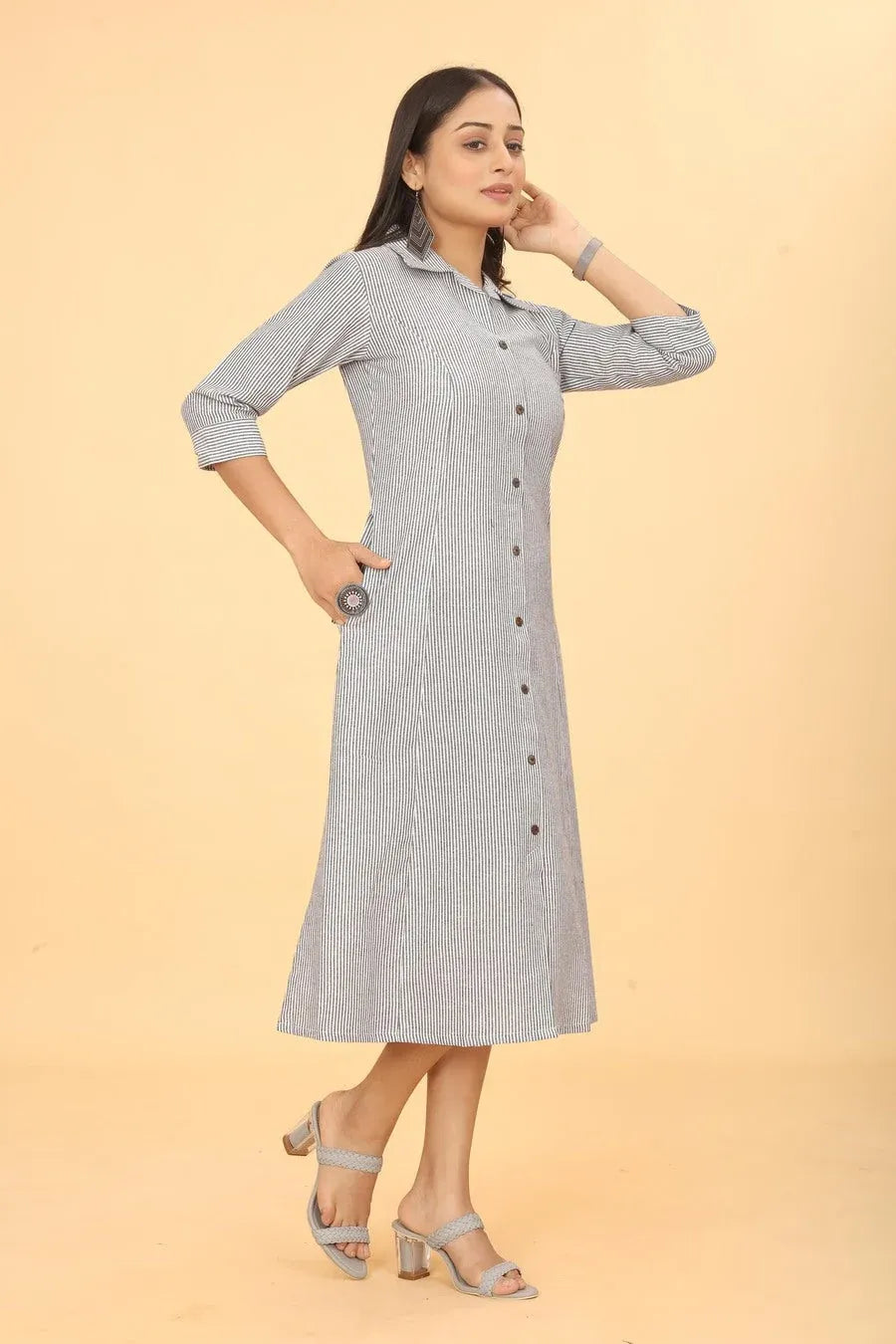 Premium Pure Cotton Grey Printed A-Line Midi Dress