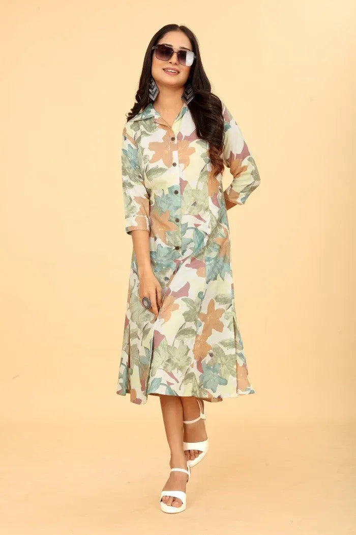 Premium Pure Cotton Green Collared A-Line Midi Dress