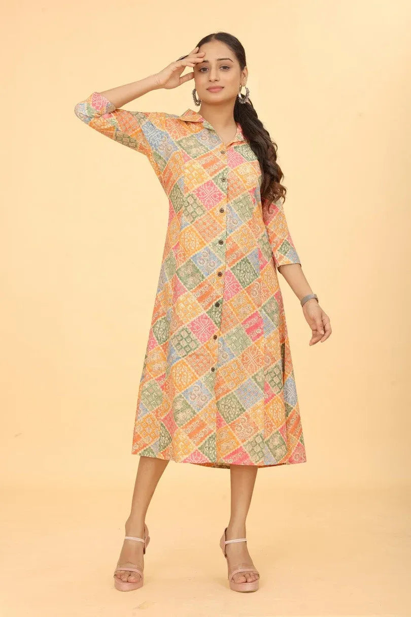 Premium Pure Cotton Orange Printed A-Line Midi Dress