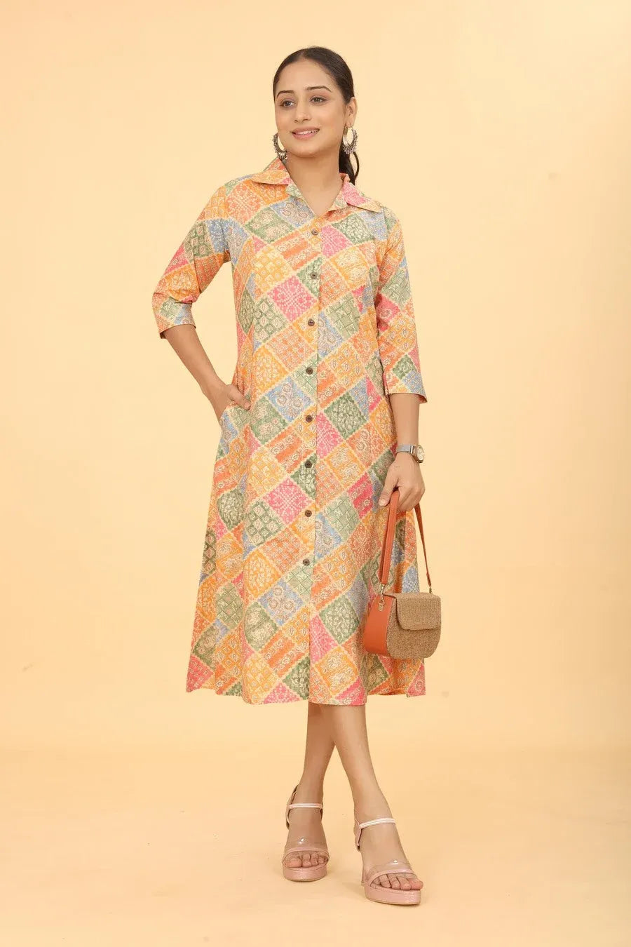 Premium Pure Cotton Orange Printed A-Line Midi Dress