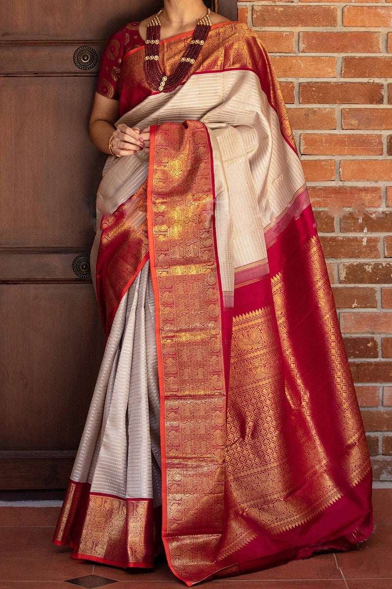 Cream Colour Banarasi Wedding style Saree for Women