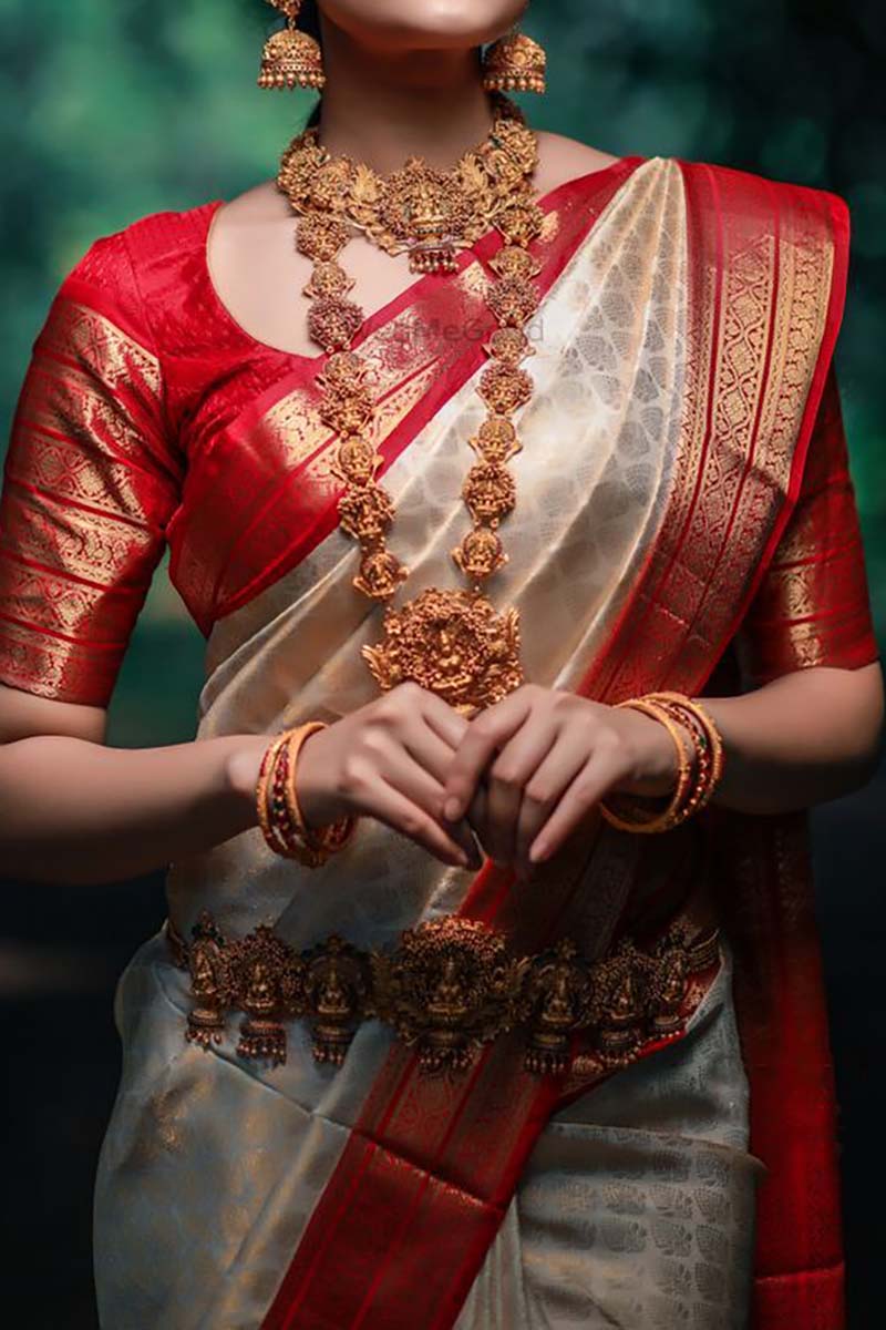 Cream & Red Classic Banarasi Zari Weaving Silk Saree