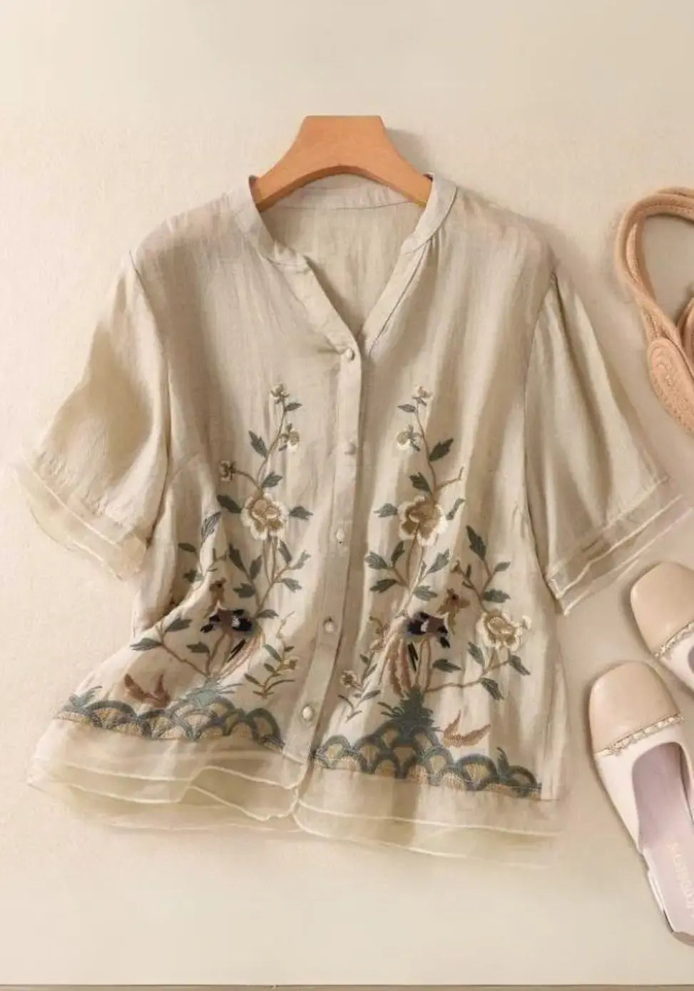 Premium Pure Cotton Floral Embroidered Beige Top