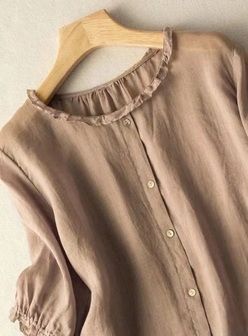Premium Pure Cotton Beige Ruffle Neck Top