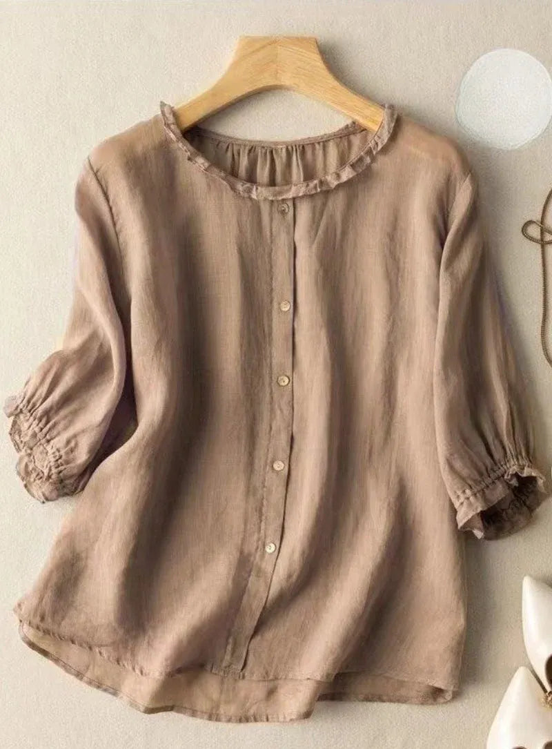 Premium Pure Cotton Beige Ruffle Neck Top
