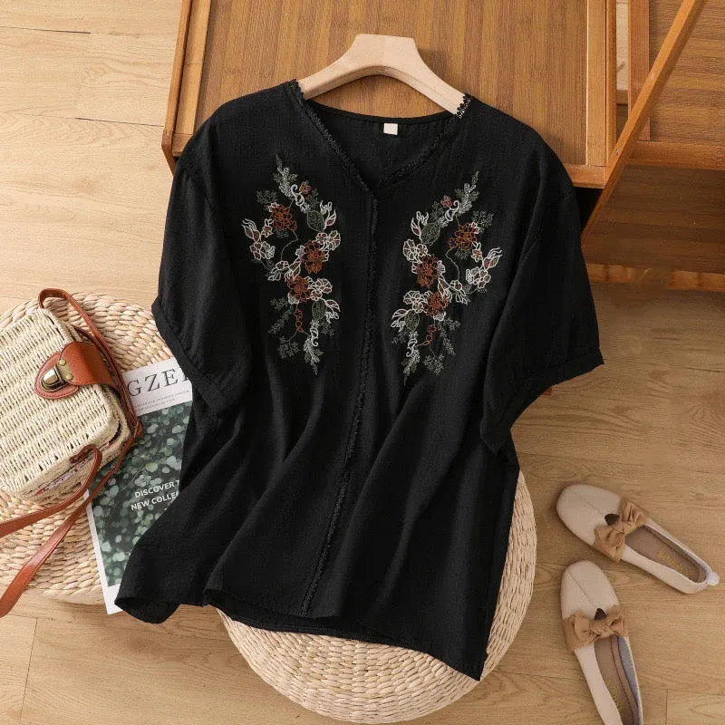 Premium Pure Cotton Floral Embroidered Black V-Neck Top
