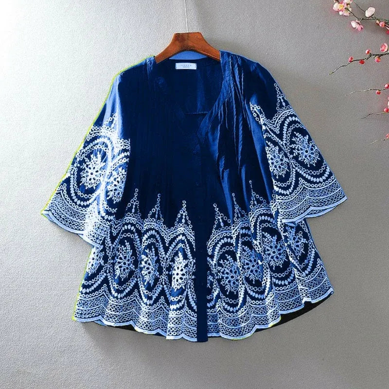 Premium Pure Cotton Blue Chikankari Ruffle V-Neck Top