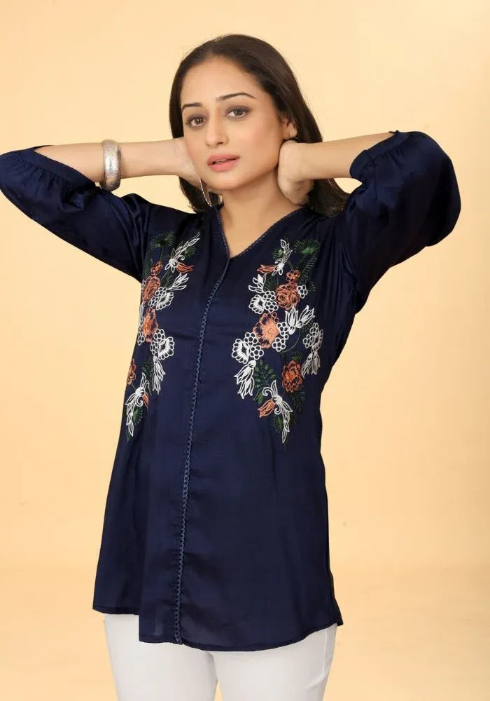 Premium Pure Cotton Blue Floral Embroidered V-Neck Top
