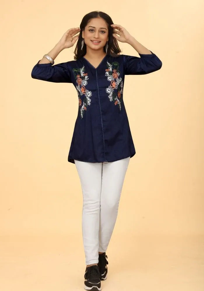 Premium Pure Cotton Blue Floral Embroidered V-Neck Top