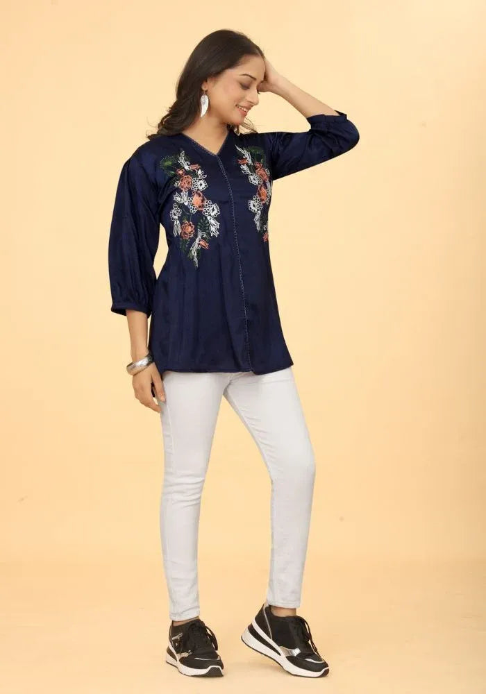 Premium Pure Cotton Blue Floral Embroidered V-Neck Top