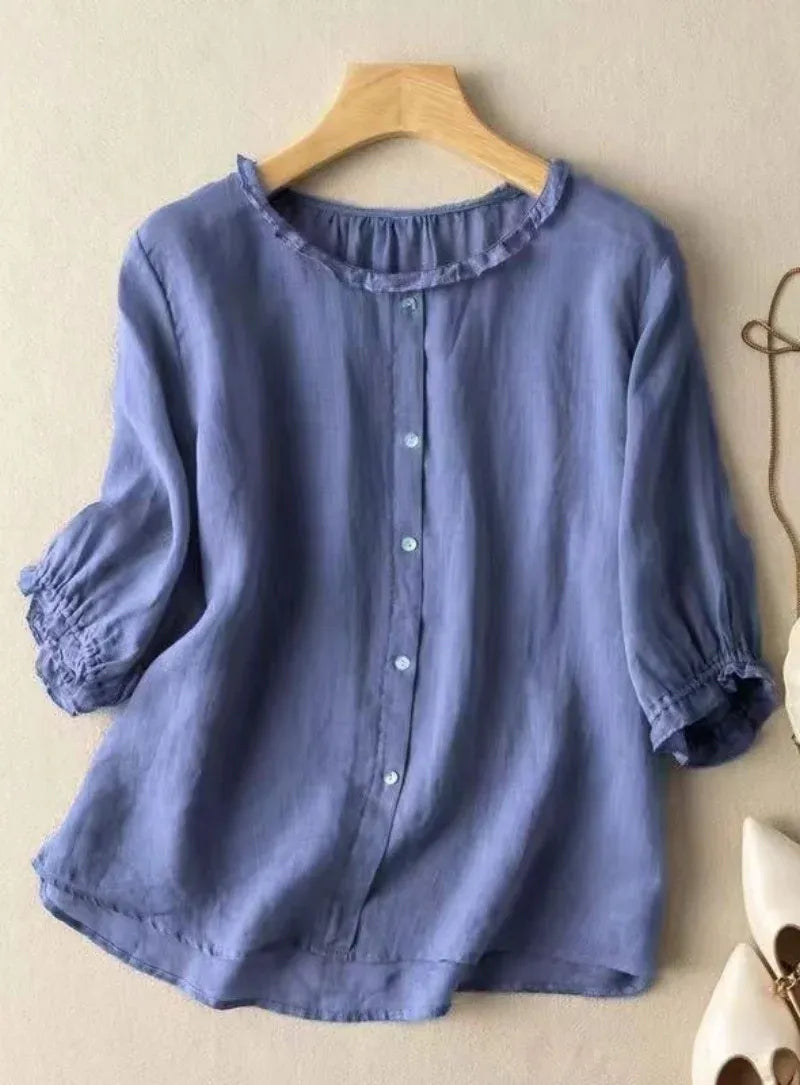 Premium Pure Cotton Blue Ruffle Neck Top