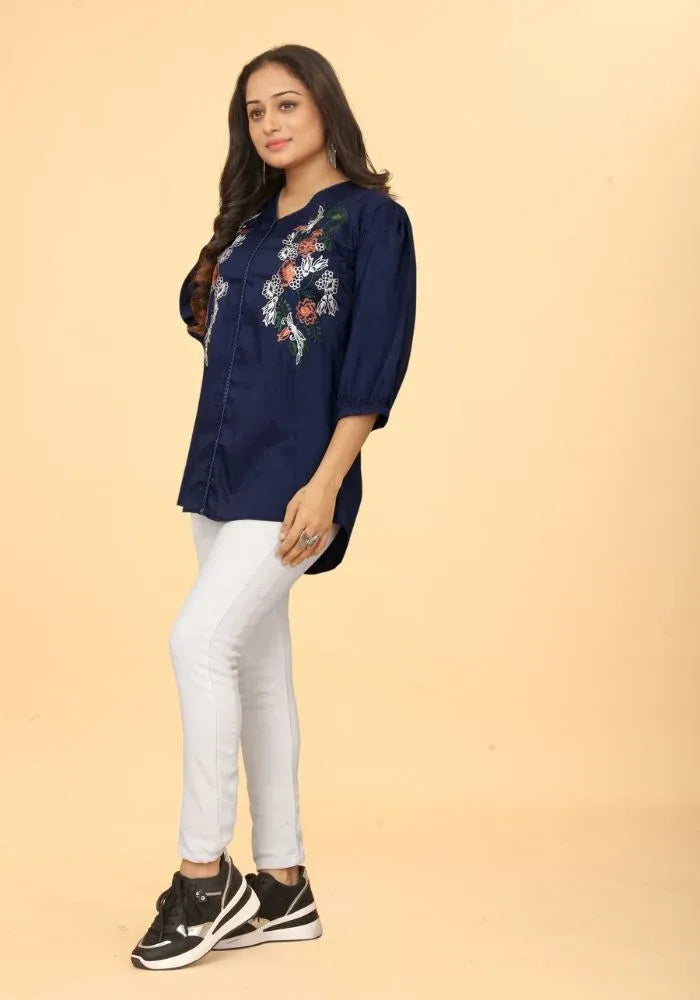 Premium Pure Cotton Blue Floral Embroidered V-Neck Top