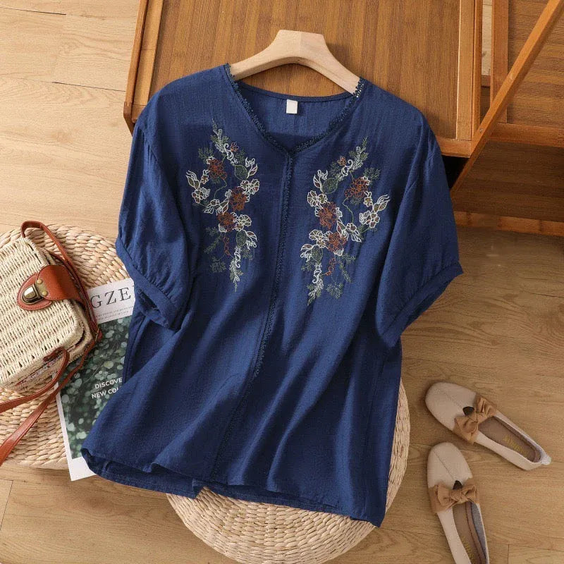 Premium Pure Cotton Floral Embroidered Blue V-Neck Top
