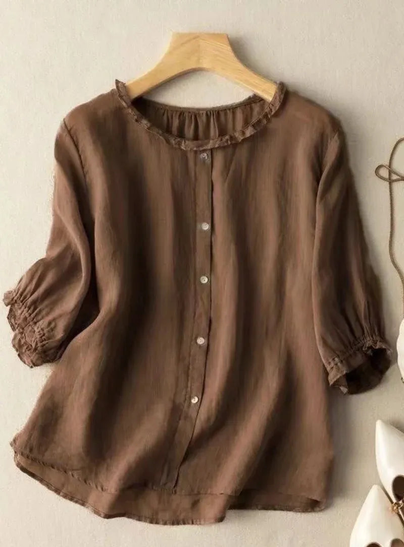 Premium Pure Cotton Brown Ruffle Neck Top