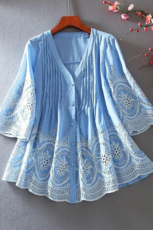 Elegant Pure Cotton Chikankari Ruffle V-Neck Top