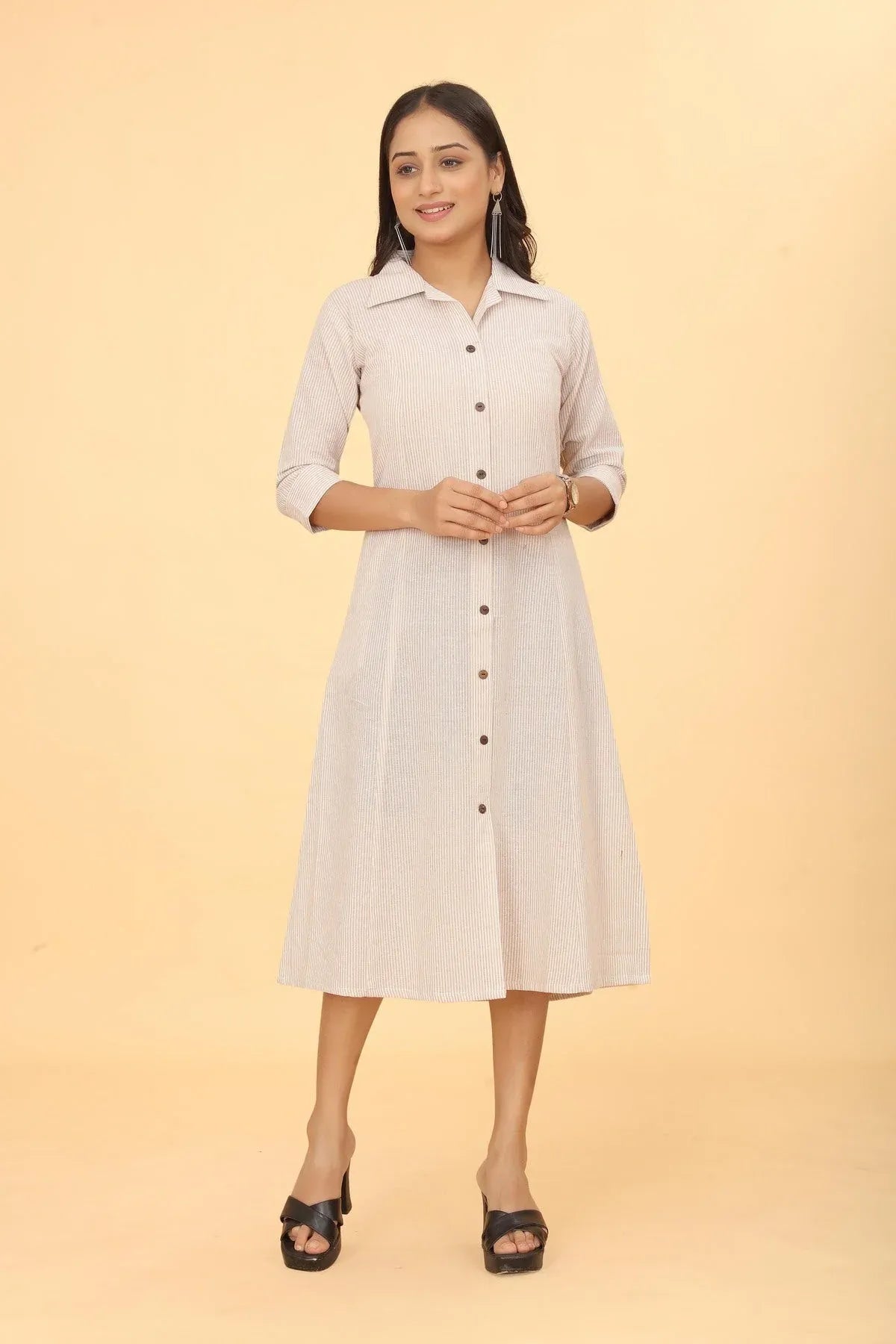 Premium Pure Cotton Beige Cream Printed A-Line Midi Dress