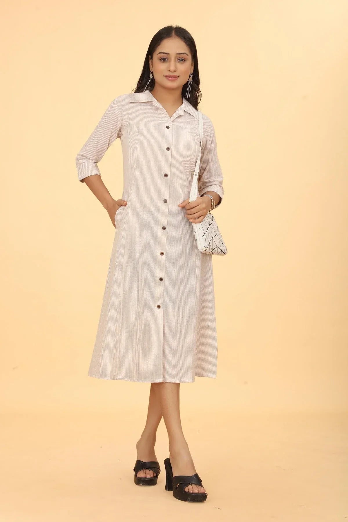 Premium Pure Cotton Beige Cream Printed A-Line Midi Dress