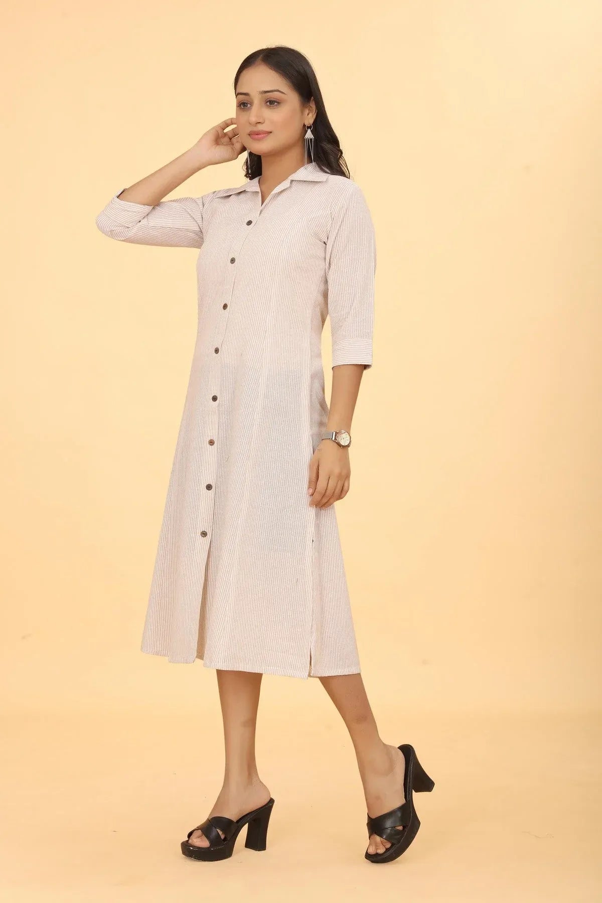 Premium Pure Cotton Beige Cream Printed A-Line Midi Dress