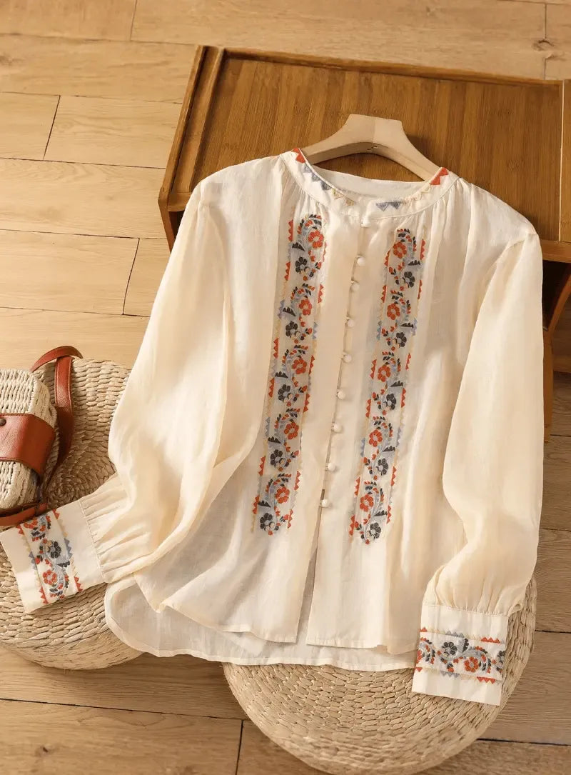Premium Pure Cotton Floral Cream Embroidered Button-Front Top