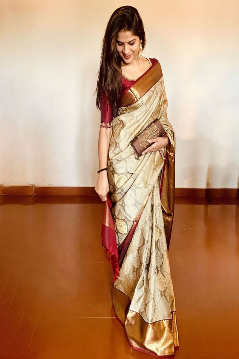 Cream Designer Beautiful Soft Silk Saree
