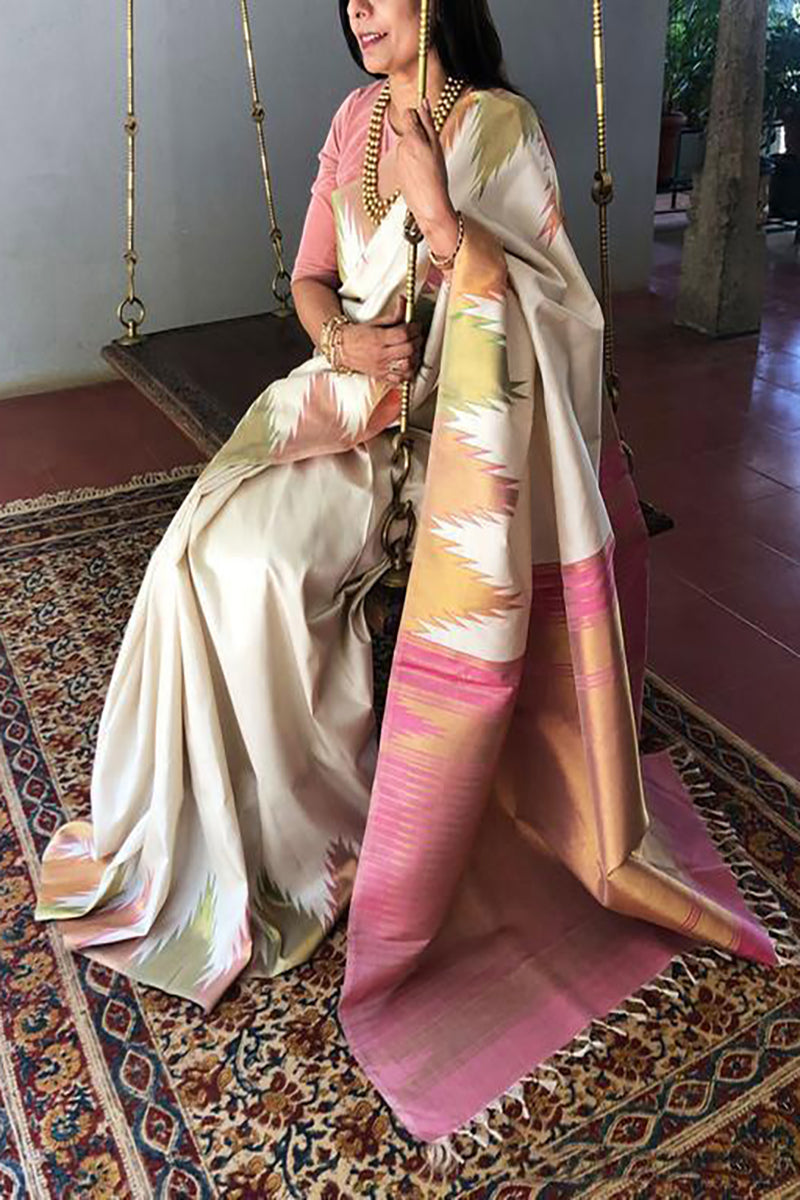 Cream & Pink Designer Beautiful Soft Silk Saree
