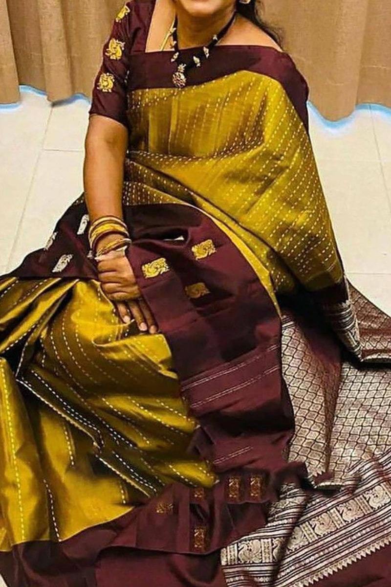 Mustered Luxury feel Kanjivaram Wedding style Saree for Women