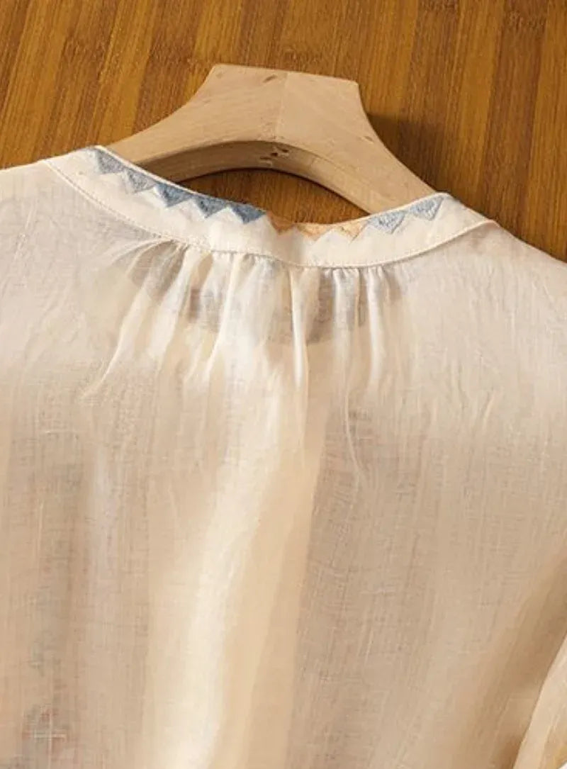Premium Pure Cotton Floral Cream Embroidered Button-Front Top