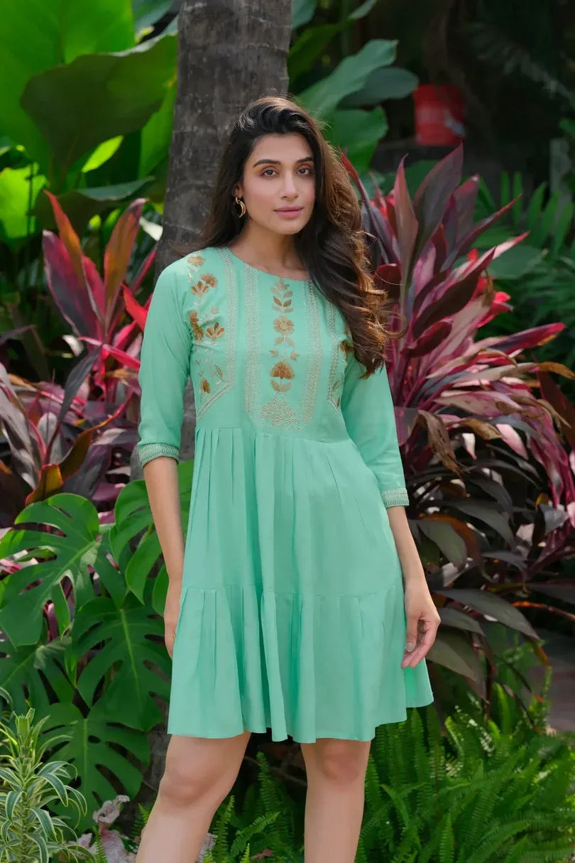 Premium Pure Cotton Green Heavy Embroidered Flared Tunic