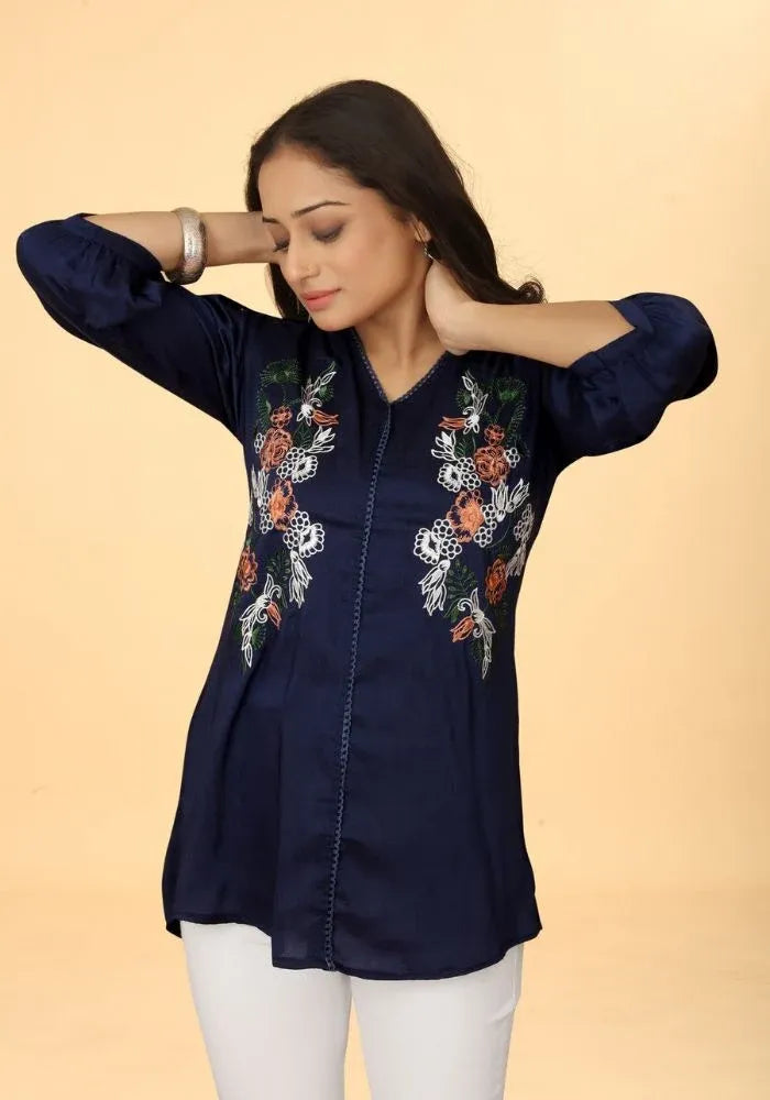 Premium Pure Cotton Blue Floral Embroidered V-Neck Top
