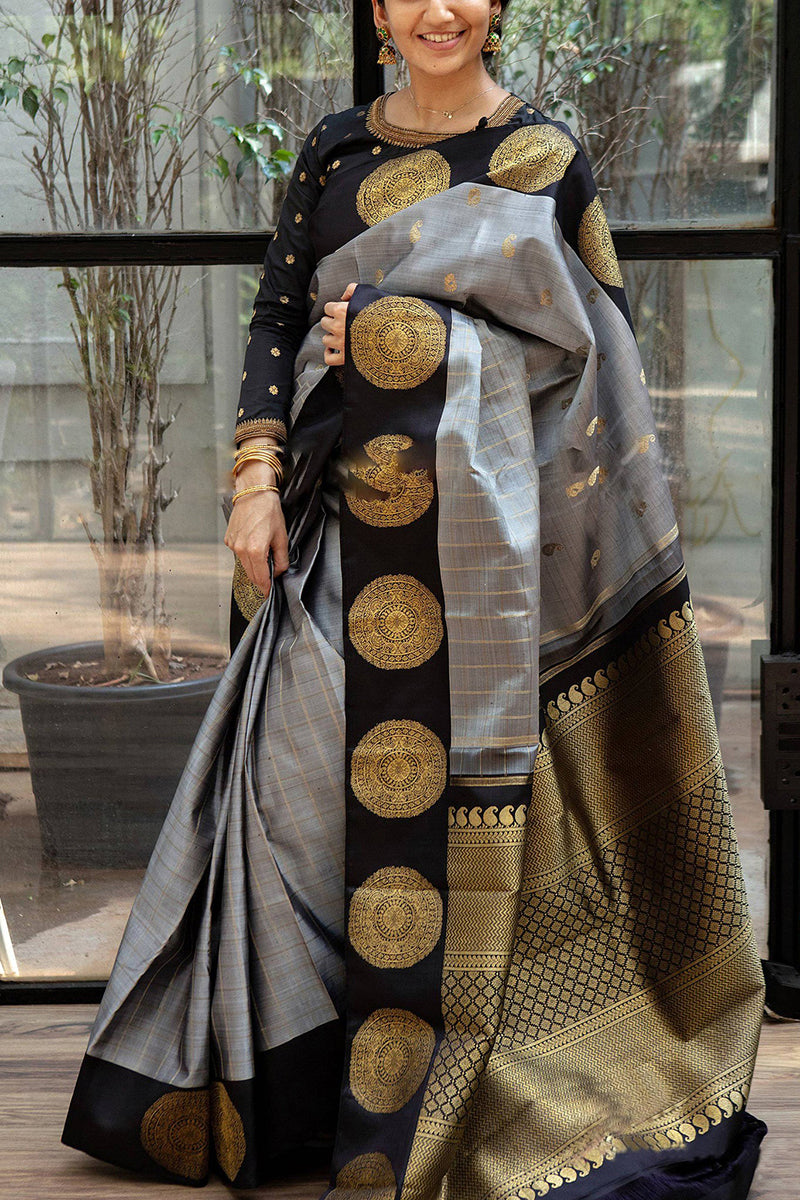 Grey Tone Indian Soft Kanjivaram Silk Saree