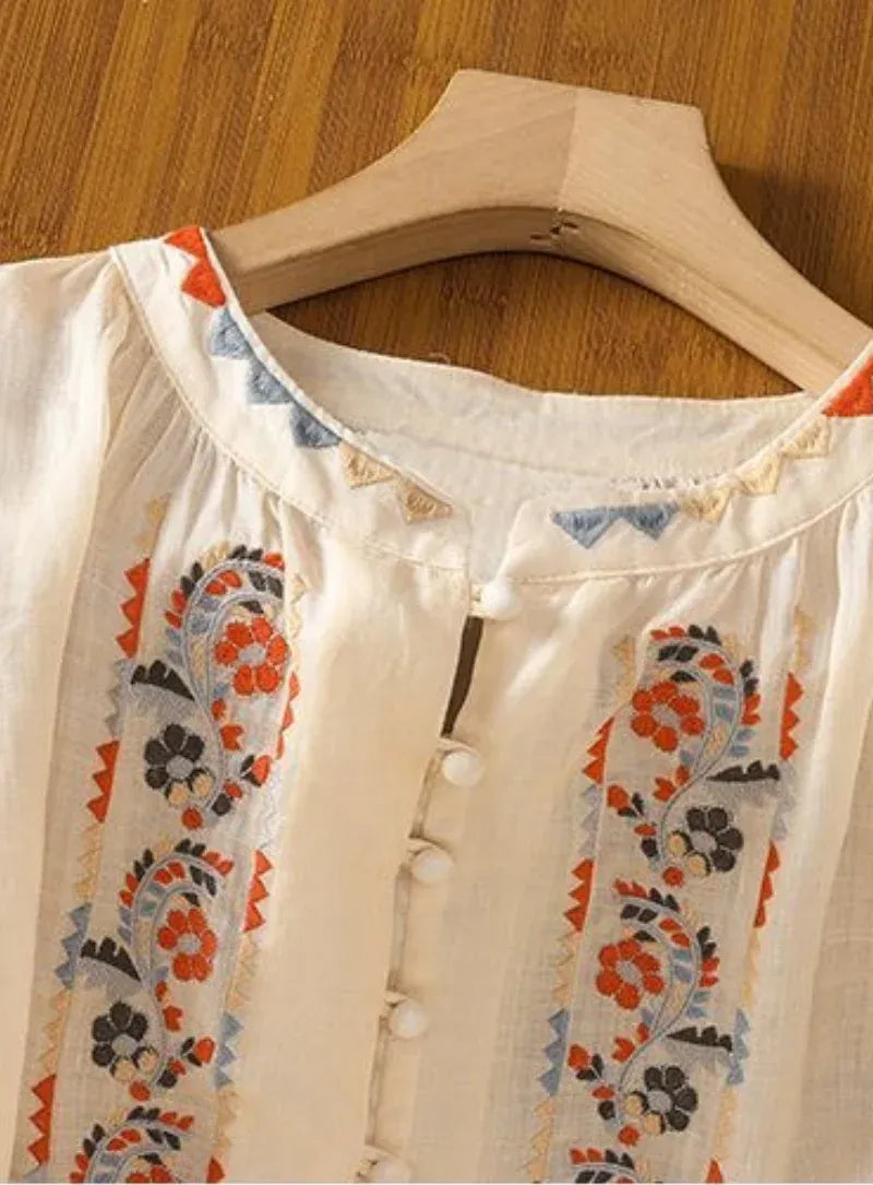 Premium Pure Cotton Floral Cream Embroidered Button-Front Top