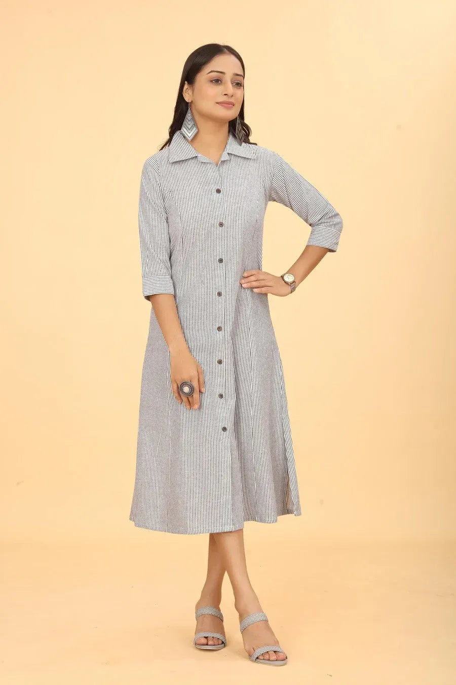 Premium Pure Cotton Grey Printed A-Line Midi Dress