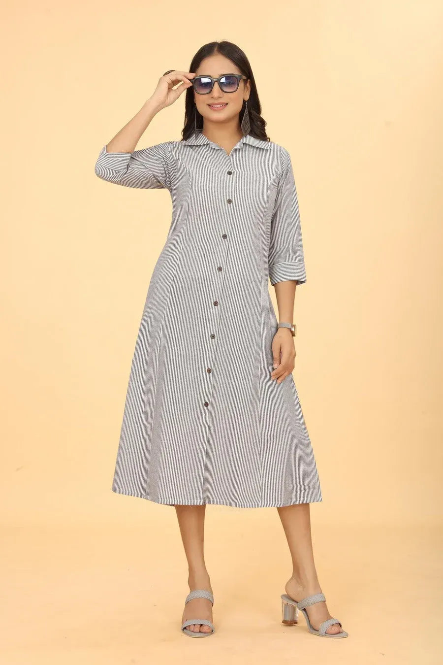 Premium Pure Cotton Grey Printed A-Line Midi Dress
