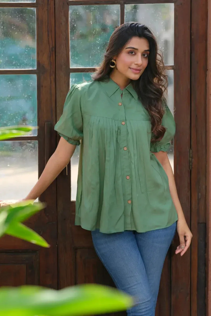 Premium Pure Cotton Green Solid Long Sleeve Tunic