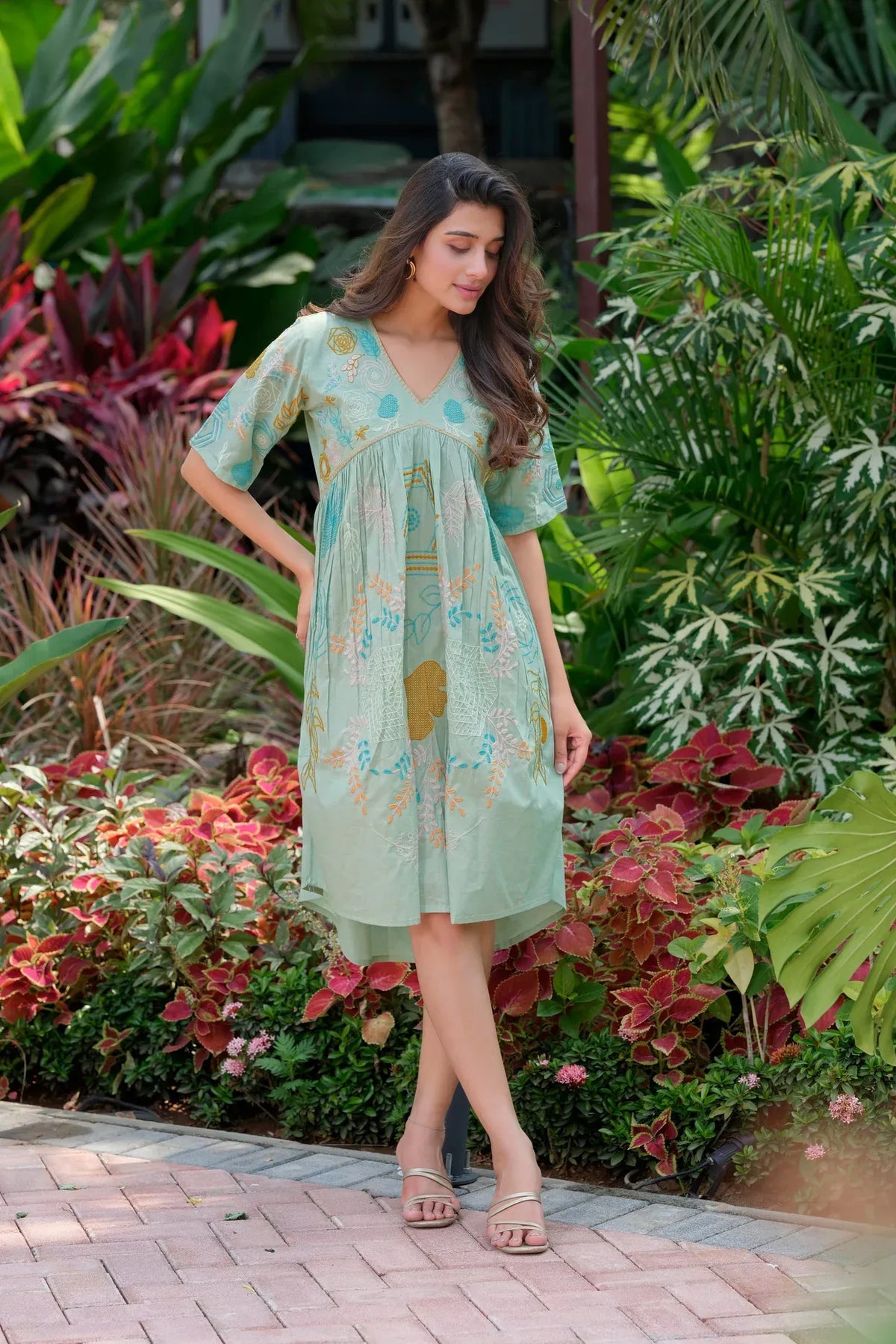 Premium Pure Cotton Green Heavy Embroidered V-Neck Dress
