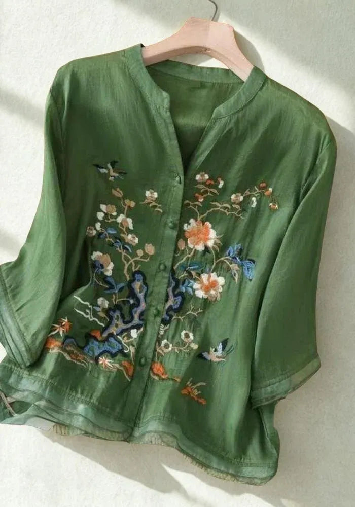 Premium Pure Cotton Green Heavy Embroidered V-Neck Top