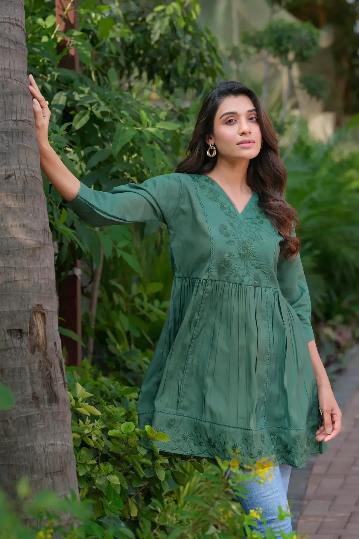 Premium Pure Cotton Green Embroidered V-Neck Tunic