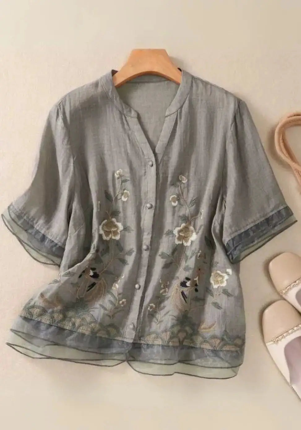 Premium Pure Cotton Floral Embroidered Grey Top