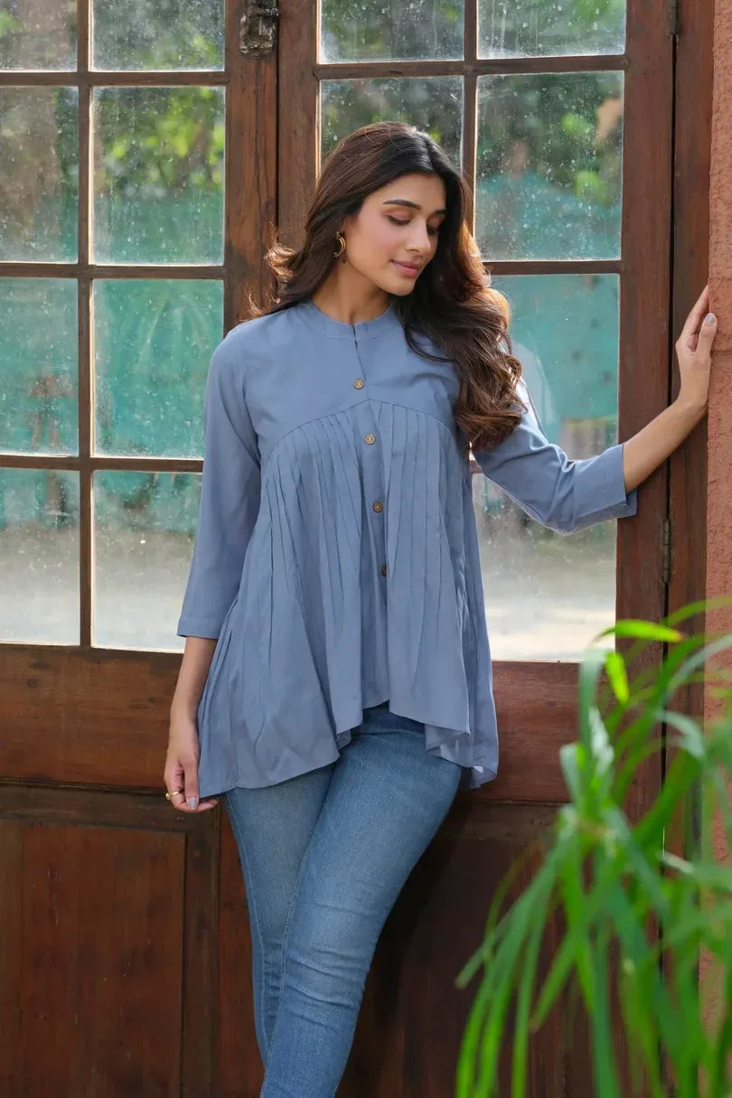 Premium Pure Cotton Light Blue Solid Long Sleeve Tunic