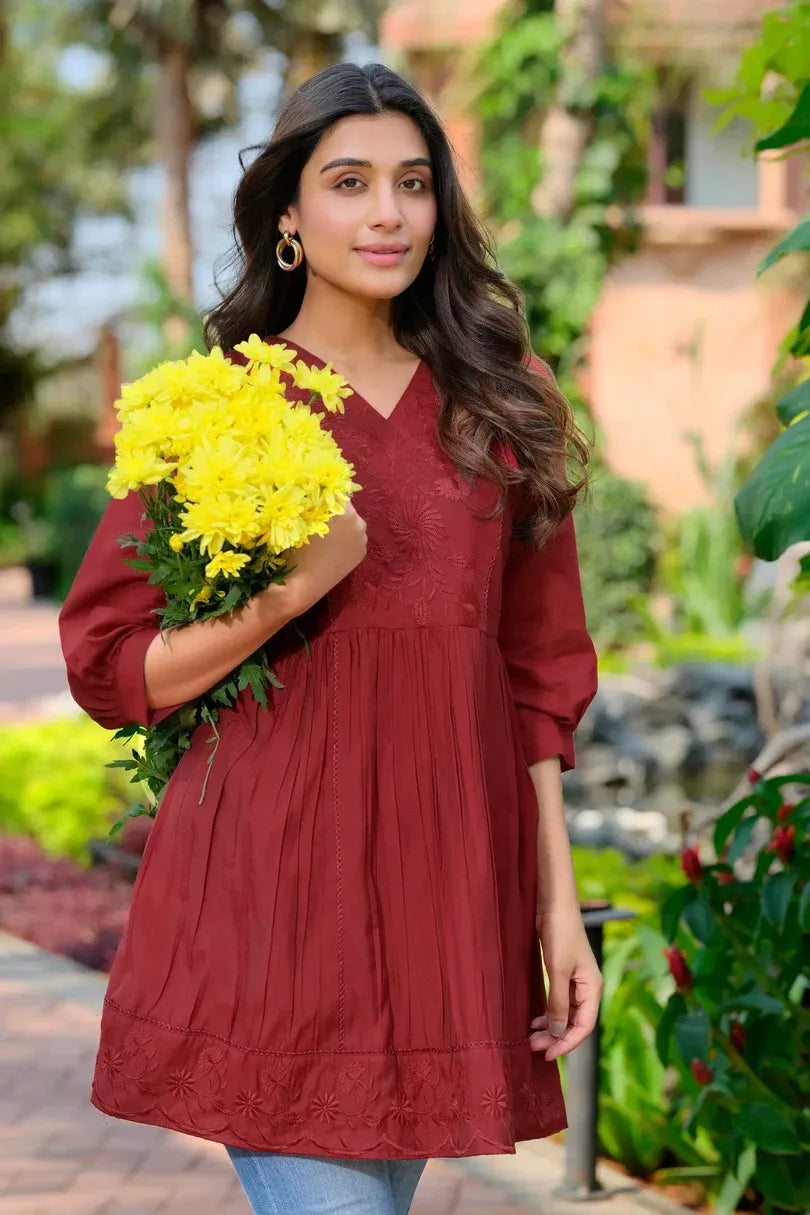 Premium Pure Cotton Maroon Embroidered V-Neck Tunic