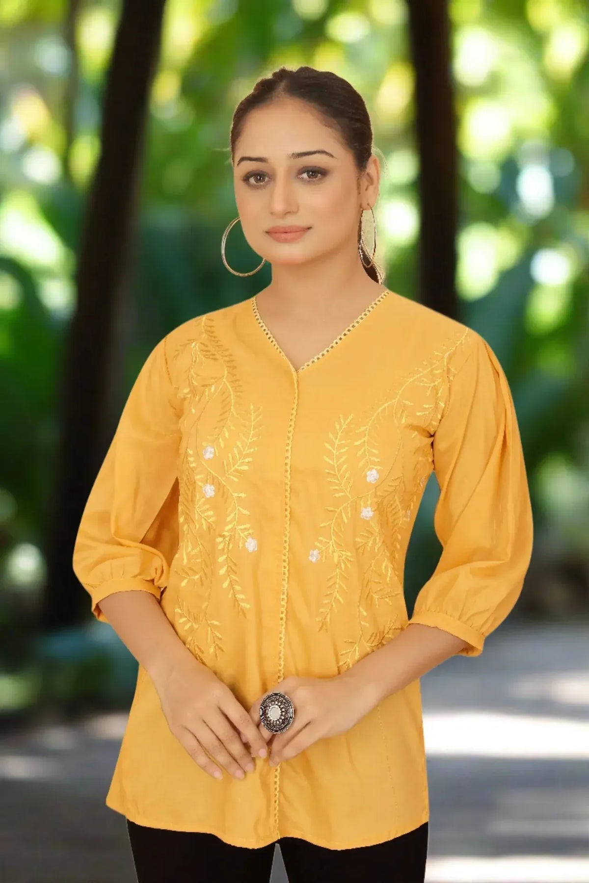 Premium Pure Cotton Mustard Embroidered V-Neck Top
