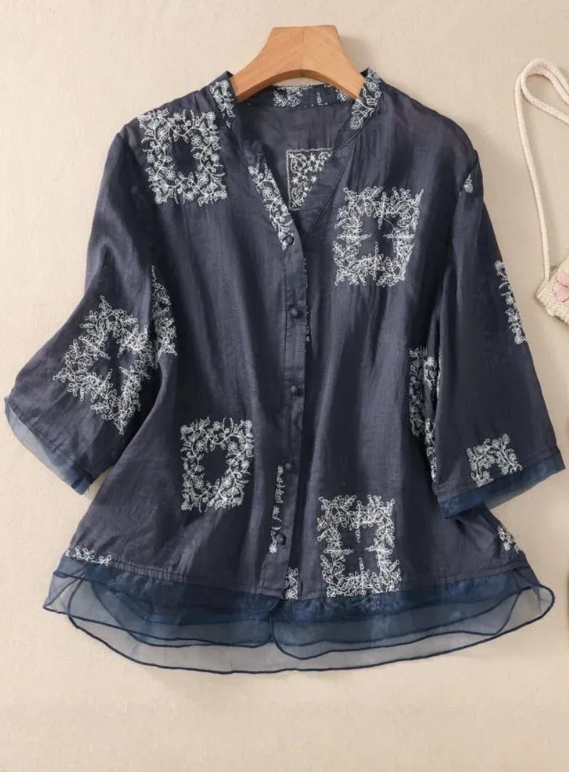 Premium Pure Cotton Navy Blue Floral Embroidered Layered Top