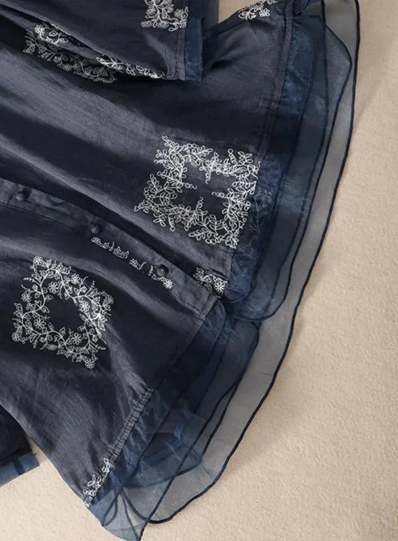 Premium Pure Cotton Navy Blue Floral Embroidered Layered Top