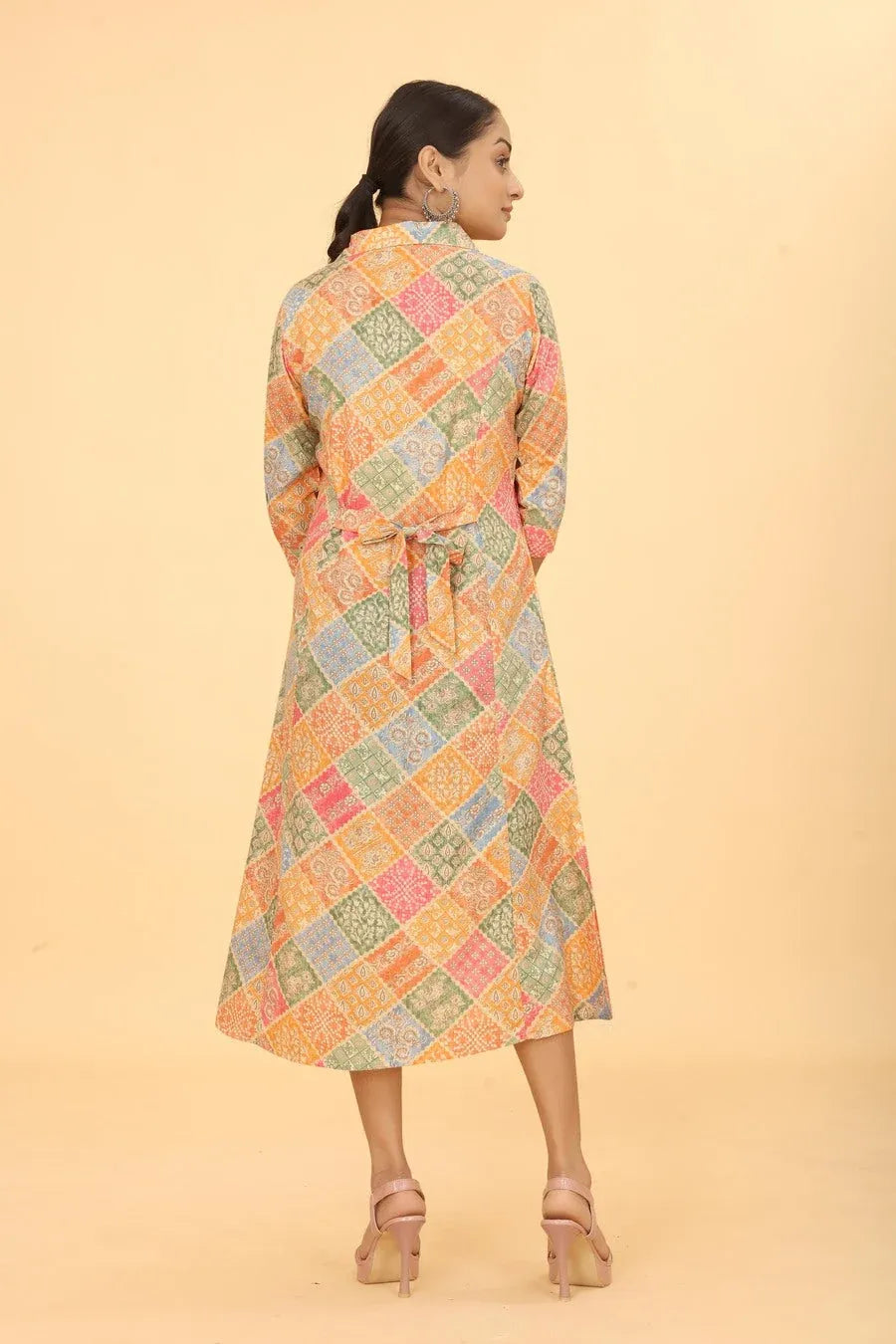 Premium Pure Cotton Orange Printed A-Line Midi Dress