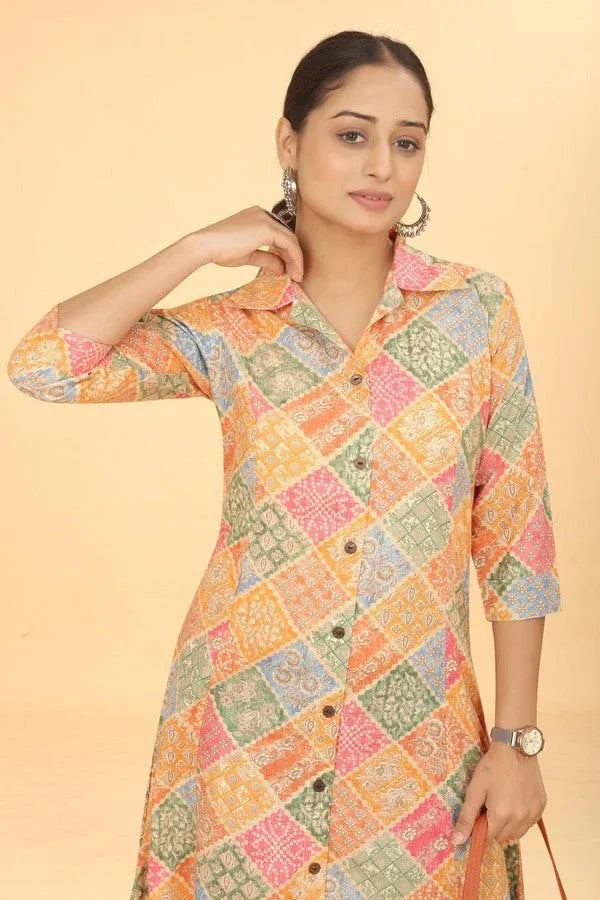 Premium Pure Cotton Orange Printed A-Line Midi Dress