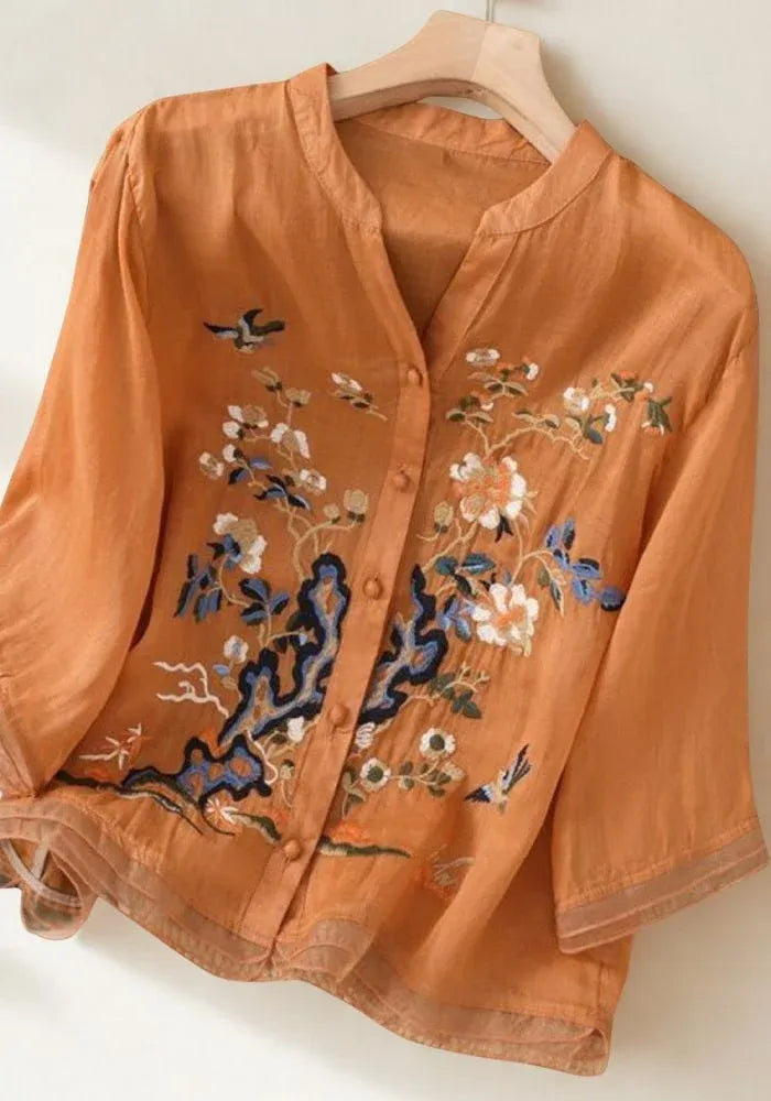 Premium Pure Cotton Orange Heavy Embroidered V-Neck Top