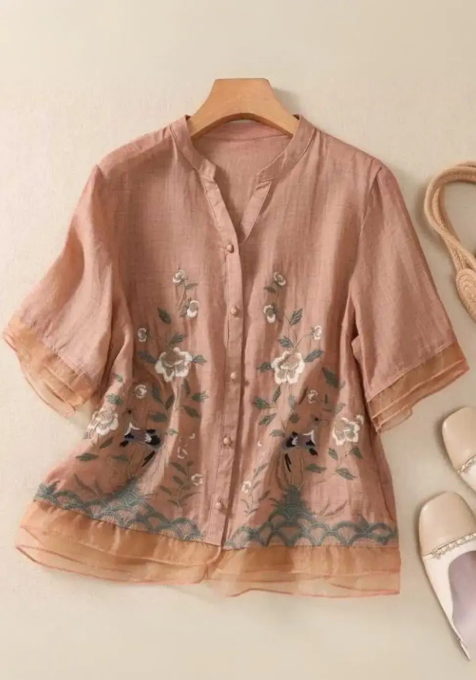 Premium Pure Cotton Floral Embroidered Peach Top
