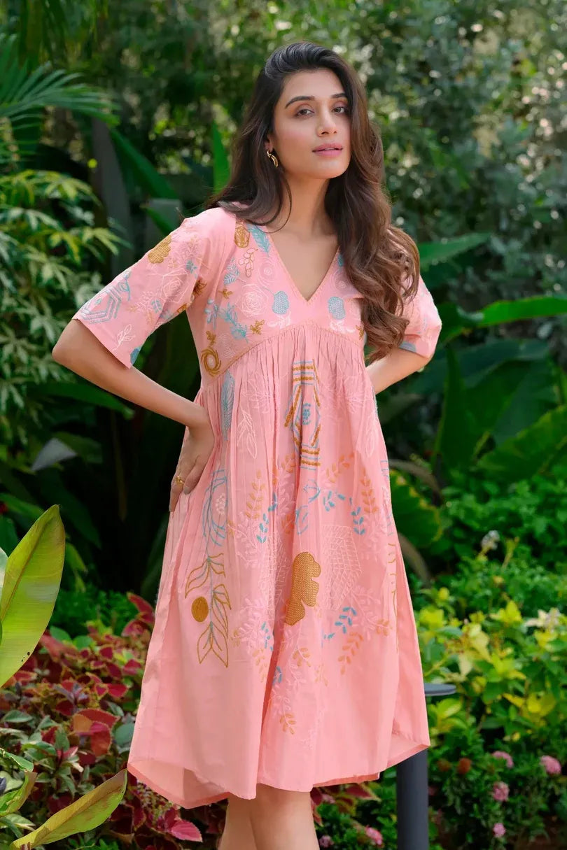 Premium Pure Cotton Peach Heavy Embroidered V-Neck Dress