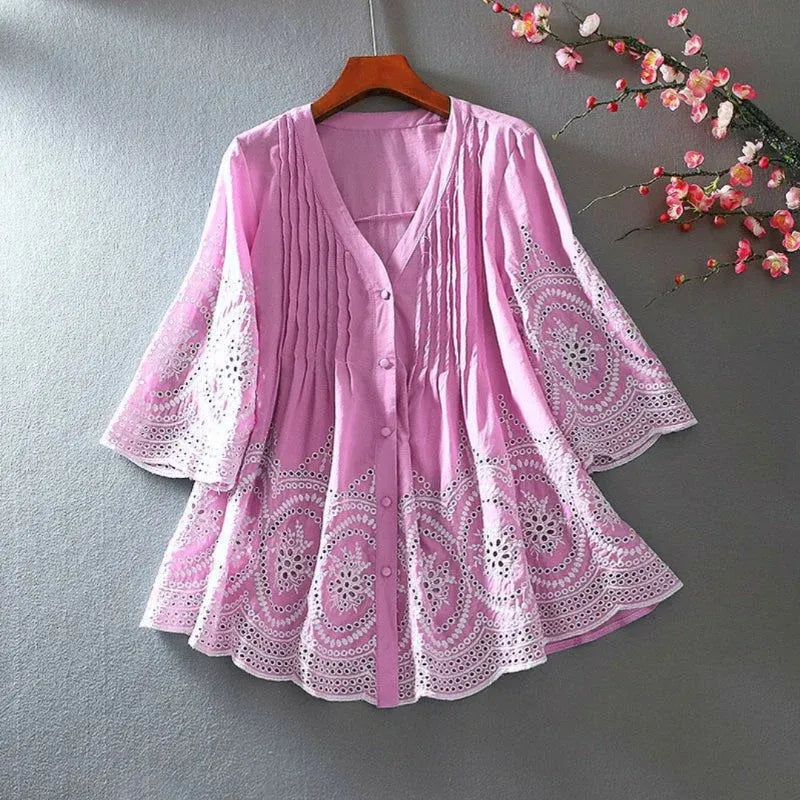 Premium Pure Cotton Pink Chikankari Ruffle V-Neck Top